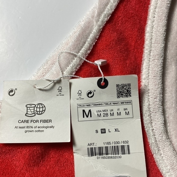 ZARA Red White Terrycloth Cotton Polyester Cropped Bra Plunged Bralette Medium - Picture 9 of 9